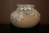 Rare 1980's Vintage Collectible Primitive Hand Crafted Vermasse Terracotta Pottery, Vessel from East Timor Island, Indonesia: 3D Raised Relief Decorative Geometric & Crocodile Motifs colored with natural earthtone Pigments 8" x 6" (22" Diameter) P41