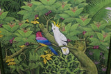 GIGANTIC 36”x 28” ORIGINAL DETAILED COLORFUL  BALINESE PAINTING ON CANVAS SIGNED BY RENOWN UBUD ARTIST RAINFOREST PARADISE WITH FOLIAGE FLOWERS ORCHID FRUIT COCKATOO BIRD FRAMED IN SIGNED CUSTOM FRAME HAND PAINTED TO MATCH  ARTWORK DFBB1 DESIGNER ART