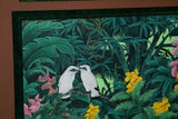 GIGANTIC 42”x 30”  ORIGINAL DETAILED COLORFUL  BALINESE PAINTING ON CANVAS SIGNED BY RENOWN UBUD ARTIST RAINFOREST PARADISE WITH FOLIAGE FLOWERS ALAMEDAS ORCHID STARLING BIRDS FRAMED IN SIGNED CUSTOM FRAME HAND PAINTED TO MATCH  ARTWORK DFBB5 DESIGNER ART