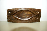 10.5”x 4. 5” UNIQUE STUNNING MUSEUM ROSEWOOD WOODEN BOWL WITH INCISED DELICATELY OPENED BORDERS & ROUND SHAPED MOTHER OF PEARL INLAYS BY RENOWNED TRIBAL SCULPTOR FROM REMOTE TROBRIAND ISLANDS MELANESIA MASSIM SOUTH PACIFIC COLLECTOR DESIGNER ART 2A38