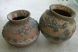 CHOICE OF 1 OR BOTH: 1980's Rare  Vintage Primitive Hand Crafted Vermasse Terracotta Pottery, Pots from East Timor Island, Indonesia. CHOICE OF: (P16) Lizards Motif 8" x 7" (26" Diameter) AND/OR (P31) Gecko Motif 8.5" x 7.5" (25" Diameter)