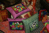 Kuna Indian Folk Art Mola from San Blas Islands, Panama. Hand stitched Textile Applique: Colorful Hibiscus Bloom, Black & White Maze Background 14" x 12.5" (355A)