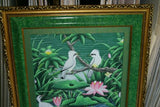 GIGANTIC 31”x 25” ORIGINAL DETAILED COLORFUL  BALINESE PAINTING ON CANVAS SIGNED BY RENOWN UBUD ARTIST RAINFOREST PARADISE WITH FOLIAGE POND LOTUS FLOWERS IBIS EGRET STARLING BIRDS FRAMED IN SIGNED CUSTOM FRAME HAND PAINTED TO MATCH DFBB12 DESIGNER ART