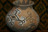 Rare 1980's Vintage Collectible Primitive Hand Crafted Vermasse Terracotta Pottery, Vessel from East Timor Island, Indonesia: Adorned with Decorative Geometric & 3D Raised Relief Ancestors Motifs colored with natural earthtone pigments 9.25" x 7.25”,  P3