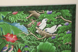 GIGANTIC 33”x 27.5” ORIGINAL DETAILED COLORFUL  BALINESE PAINTING ON CANVAS BY RENOWN UBUD ARTIST RAINFOREST PARADISE WITH FOLIAGE STARLING BIRDS WATERFALL LOTUS FRAMED IN HAND PAINTED CUSTOM FRAME DFBB2 DESIGNER WALL DÉCOR COLLECTOR ARTWORK MASTERPIECE