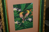 18”x 15” ORIGINAL DETAILED COLORFUL  BALINESE PAINTING ON CANVAS BY RENOWN UBUD ARTIST RAINFOREST PARADISE WITH FOLIAGE HIBISCUS FLOWERS BIRDS FRAMED IN SIGNED CUSTOM FRAME HANDPAINTED TO MATCH ARTWORK DECORATOR DESIGNER ART COLLECTOR MASTERPIECE DFBB58