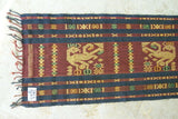 Unique Hand Woven Ceremonial Hinggi Sumba Songket Ikat Textile (33" x 13") with symbolic animal motifs & geometrics. Tapestry Made with Hand spun Cotton, Dyed with Natural Pigments ITEM SR59 Colorful golden yellow, rust red, green & blue