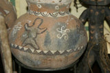 Rare 1980's Vintage Collectible Primitive Hand Crafted Vermasse Terracotta Pottery, Vessel from East Timor Island, Indonesia: 3D Raised Relief Decorative Geometric & Ancestor Motifs, colored with natural earthtone pigments 8" x 6.5" (24" Diameter) P35
