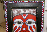 RARE UNIQUE AUTHENTIC COLORFUL FOLK ART PAINTING PANGA TRIBE WARRIOR FROM PAPUA NEW GUINEA ARTIST FRAMED IN SIGNED HAND PAINTED FRAME TO MATCH THE ART WITHIN 33” X 24 ½” DFP4 DESIGNER COLLECTOR WALL ART
