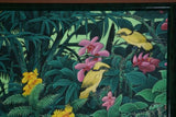 GIGANTIC 42”x 30”  ORIGINAL DETAILED COLORFUL  BALINESE PAINTING ON CANVAS SIGNED BY RENOWN UBUD ARTIST RAINFOREST PARADISE WITH FOLIAGE FLOWERS ALAMEDAS ORCHID STARLING BIRDS FRAMED IN SIGNED CUSTOM FRAME HAND PAINTED TO MATCH  ARTWORK DFBB5 DESIGNER ART