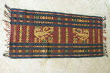 Unique Hand Woven Ceremonial Hinggi Sumba Songket Ikat Textile (33" x 13") with symbolic animal motifs & geometrics. Tapestry Made with Hand spun Cotton, Dyed with Natural Pigments ITEM SR59 Colorful golden yellow, rust red, green & blue
