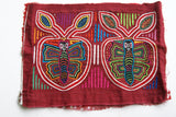 Kuna Indian Traditional Quilted Mola Blouse Panel from San Blas Islands, Panama. Hand Stitched Folk Art Reverse Applique: Butterfly on Apple, mirror images with Intense Parallel Background 14" x 10 1/4"  (1A)