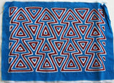Kuna Indian Folk Art Mola Blouse Panel from San Blas Islands, Panama. Hand-stitched Applique Textile: Geometric Arrow Heads, Blue White & red 15" x 10”, item 1A