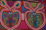 Kuna Indian Traditional Quilted Mola Blouse Panel from San Blas Islands, Panama. Hand Stitched Folk Art Reverse Applique: Butterfly on Apple, mirror images with Intense Parallel Background 14" x 10 1/4"  (1A)