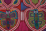 Kuna Indian Traditional Quilted Mola Blouse Panel from San Blas Islands, Panama. Hand Stitched Folk Art Reverse Applique: Butterfly on Apple, mirror images with Intense Parallel Background 14" x 10 1/4"  (1A)