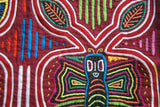 Kuna Indian Traditional Quilted Mola Blouse Panel from San Blas Islands, Panama. Hand Stitched Folk Art Reverse Applique: Butterfly on Apple, mirror images with Intense Parallel Background 14" x 10 1/4"  (1A)
