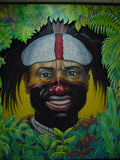 RARE UNIQUE AUTHENTIC COLORFUL FOLK ART PAINTING PANGA TRIBE WARRIOR FROM PAPUA NEW GUINEA ARTIST FRAMED IN SIGNED HAND PAINTED FRAME TO MATCH THE ART WITHIN 33” X 24 ½” DFP4 DESIGNER COLLECTOR WALL ART