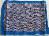 Kuna Indian Folk Art Mola Blouse Panel from San Blas Islands, Panama. Hand-stitched Applique Textile: Geometric Arrow Heads, Blue White & red 14.5" x 10.5”, item 1B