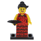 BRAND NEW, NOW RARE, RETIRED LEGO MINIFIGURE COLLECTIBLE: FLAMENCO DANCER WITH FAN + BASE (Serie 6) RELEASED IN 2012, 6 PIECES.