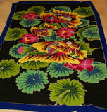 HIGH QUALITY HAND PAINTED TEXTILE FABRIC SARONG, SIGNED BY THE ARTIST. VIBRANT COLORS & VERY DETAILED MOTIFS OF FISH & LOTUS, LILY PADS, 70” x 48” (no 20B)