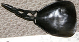 HAND CARVED ETHNIC TRIBAL BUFFALO HORN LIME SCOOP, LARGE  SPOON USED DURING FESTIVITIES, RITES OF PASSAGE ETC... COLLECTED ON THE PREMISES IN THE LATE 20TH CENTURY, INDONESIA, ITEM 250C 8” X 4 1/2” PROTECTIVE ANCESTOR HANDLE. BETEL NUT PARAPHERNALIA.