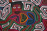 Kuna Indian Abstract Traditional Mola blouse panel from San Blas Islands, Panama. Hand stitched Applique Art: Festive Panama Hat & Monkey on maze labyrinth background  15.5" x 11.75" (26A)
