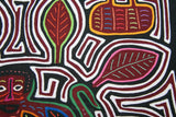 Kuna Indian Abstract Traditional Mola blouse panel from San Blas Islands, Panama. Hand stitched Applique Art: Festive Panama Hat & Monkey on maze labyrinth background  15.5" x 11.75" (26A)