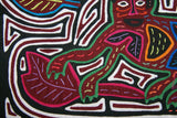 Kuna Indian Abstract Traditional Mola blouse panel from San Blas Islands, Panama. Hand stitched Applique Art: Festive Panama Hat & Monkey on maze labyrinth background  15.5" x 11.75" (26A)