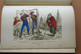 SOLD ANTIQUE RARE FRENCH BOOK 112 COLORED ENGRAVINGS LITHOGRAPHS (11” x 7 ½”) + 1 MAP (24” X 20”) FROM 1880 (19th Century) from “Costumes De Paris a Travers Les Siecles” HUMOROUS SIGNED PLATES FRANCE WAYS OF LIFE,  STYLES, PROFESSIONS, VEHICLES