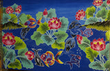 HIGH QUALITY HAND PAINTED FABRIC TEXTILE SARONG, SIGNED BY THE ARTIST. VIBRANT COLORS, DEEP BLUE BACKGROUND & DETAILED MULTICOLOR MOTIFS OF FISH AND LOTUS FLOWERS no 26A, 70” x 48”