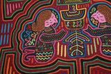 Kuna Indian Folk Art Mola Blouse Panel from San Blas Islands, Panama. Hand-stitched Reverse Applique: Women and Child 16.5" x 13" (28A)