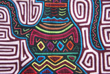 Kuna Indian Traditional Quilted Mola Blouse Panel from San Blas Islands, Panama. Hand Stitched Folk Art Applique: Colorful Tea  Kettle Motif in Labyrinth Maze 13" x 11" (2A)