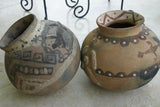 CHOICE OF 1 OR GET BOTH: 1980's Hand Crafted  Vermasse Terracotta Pottery, Pots from East Timor Islands, Indonesia with 3D / Relief Motifs. CHOICE OF: (P18) Lizards 8" x 8" (28" Diameter) AND/OR (P23) Ancestors & Geckos 8.5" x 8" (25" Diameter)