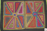 Kuna Indian Folk Art Mola Blouse Panel from San Blas Islands, Panama. Hand stitched Reverse Applique: Geometric Abstract Mirror Image Sand Timers 16" x 13" (34A)
