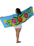 SOLD OUT: HIGH QUALITY HAND PAINTED TEXTILE FABRIC HALF SARONG OR BEACH SKIRT, SUMMER TABLE RUNNER, SIGNED BY THE ARTIST: DETAILED MOTIFS OF BLOOMING PLUMERIA YELLOW  & HOT PINK BACKGROUND, RICH COLORS 74" x 23" (no SC17)