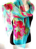 SOLD OUT: HIGH QUALITY HAND PAINTED TEXTILE FABRIC HALF SARONG OR BEACH SKIRT, SUMMER TABLE RUNNER, SIGNED BY THE ARTIST: DETAILED MOTIFS OF BLOOMING PLUMERIA YELLOW  & HOT PINK BACKGROUND, RICH COLORS 74" x 23" (no SC17)