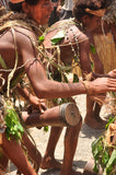 Rare One of a Kind Bigman Tribal Older Wood Kundu Hourglass Hand Held Drum, Hand Carved Percussion Instrument with Dried Palm Tassels decorations, original monitor skin, Huon Gulf, Eastern New Guinea 1980's, Melanesia 42A6