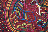 Kuna Indian Folk Art Mola Blouse Panel from San Blas Islands, Panama. Handstitched Reverse Applique: Conquistador Riding a Flying Horse While Blowing His Horn 16.75" x 12.5" (40A)