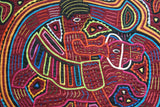 Kuna Indian Folk Art Mola Blouse Panel from San Blas Islands, Panama. Handstitched Reverse Applique: Conquistador Riding a Flying Horse While Blowing His Horn 16" x 12.25" (40B)