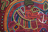 Kuna Indian Folk Art Mola Blouse Panel from San Blas Islands, Panama. Handstitched Reverse Applique: Conquistador Riding a Flying Horse While Blowing His Horn 16" x 12.25" (40B)