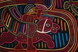 Kuna Indian Folk Art Mola Blouse Panel from San Blas Islands, Panama. Hand-stitched Reverse Applique: Unique, Conquistador Riding a Flying Horse While Blowing His Horn 17.5" x 12" (41B)
