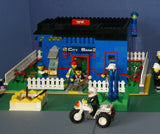 UNIQUE CUSTOM LEGO SET WITH 1905 PCS, 24 MINIFIGURES, 4 BUILDINGS: GRINGOTTS GOURMET CAFÉ WITH OUTDOOR TABLES & UMBRELLAS, CITY BANK, STORAGE BLD, PUBLIC BATHROOM, FIRE BRIGADE, TRUCKS, PLAYGROUND, GARDENS, MOTOCYCLES ETC (KIT 22)
