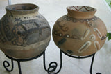 CHOICE OF 1 OR GET BOTH: 1980's Hand Crafted  Vermasse Terracotta Pottery, Pots from East Timor Islands, Indonesia with 3D / Relief Motifs. CHOICE OF: (P18) Lizards 8" x 8" (28" Diameter) AND/OR (P23) Ancestors & Geckos 8.5" x 8" (25" Diameter)