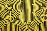 Kuna Indian Abstract Art Mola blouse panel, from San Blas Island Panama. Minutely Hand-stitched Applique: Detailed Yellow and Black Oil Lamp Motif, 16.75" x 13.5" (62B)