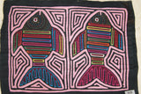 Kuna Indian Collector Mola blouse panel from Mamitopo Islands, San Blas Panama. Hand stitched Applique Folk Art: Mirror Image Fish with Maze Background 15.75" x 12.5" (75A)