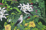 30”x 25” ORIGINAL DETAILED COLORFUL  BALINESE PAINTING ON CANVAS RENOWN UBUD ARTIST RAINFOREST PARADISE WITH FOLIAGE ORCHID HIBISCUS BIRD FRAMED IN SIGNED CUSTOM FRAME HANDPAINTED TO MATCH ARTWORK DFBB38 DECORATOR DESIGNER ART COLLECTOR