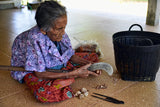 Older Ethnic one of a kind Basket with Incredible Minute Weave, a hand woven betel nut storage Container, including a Sirih Bone & wood Pounder, a Pestle called Pelacok, used to crush the betel nut, from Lombok, Lesser Sunda Islands, Indonesia