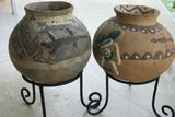 CHOICE OF 1 OR GET BOTH: 1980's Hand Crafted  Vermasse Terracotta Pottery, Pots from East Timor Islands, Indonesia with 3D / Relief Motifs. CHOICE OF: (P18) Lizards 8" x 8" (28" Diameter) AND/OR (P23) Ancestors & Geckos 8.5" x 8" (25" Diameter)