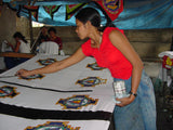 SOLD OUT: HIGH QUALITY HAND PAINTED TEXTILE FABRIC HALF SARONG OR BEACH SKIRT, SUMMER TABLE RUNNER, SIGNED BY THE ARTIST: DETAILED MOTIFS OF BLOOMING PLUMERIA YELLOW  & HOT PINK BACKGROUND, RICH COLORS 74" x 23" (no SC17)