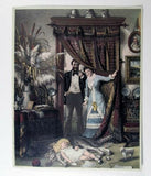 EPHEMERA AMERICANA WHIMSICAL ART: 1800's FRAMED ANTIQUE VICTORIAN ADVERTISING TRADE CARD: Waite & Co Crayon Portraits, Parents looking on Daughter Sleeping with her Dog (DFPO2K) ARTIST HAND PAINTED FRAME DESIGNER COLLECTOR COLLECTIBLE WALL DÉCOR UNIQUE